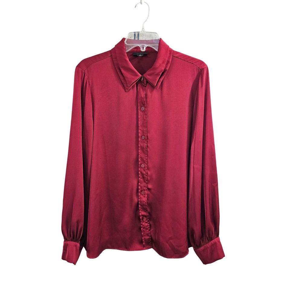 Halogen Womens Dark Red Satin Button Down Blouse HA302038MI Size L Burgundy EUC